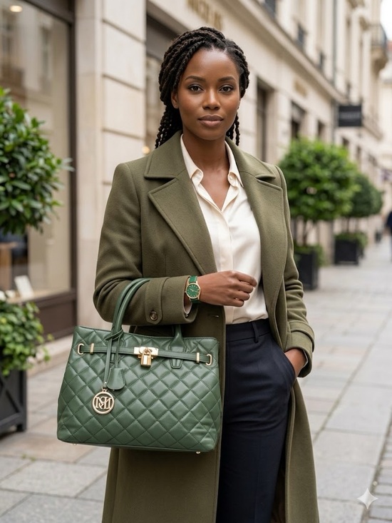 Badgley Mischka Handbags - Badgley Mischka Quilted Green Tote Bag with Gold Hardware